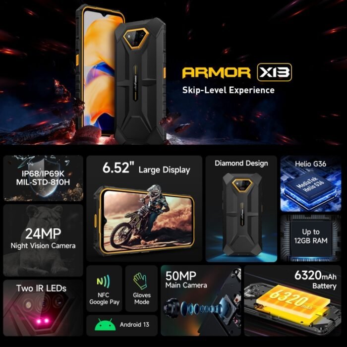 Ulefone Armor X13, IP68/IP69K Rugged Phone, 6.52 inch Android 13 MediaTek Helio G36 Octa Core, Network: 4G, NFC, OTG, 6GB+64GB - Image 2