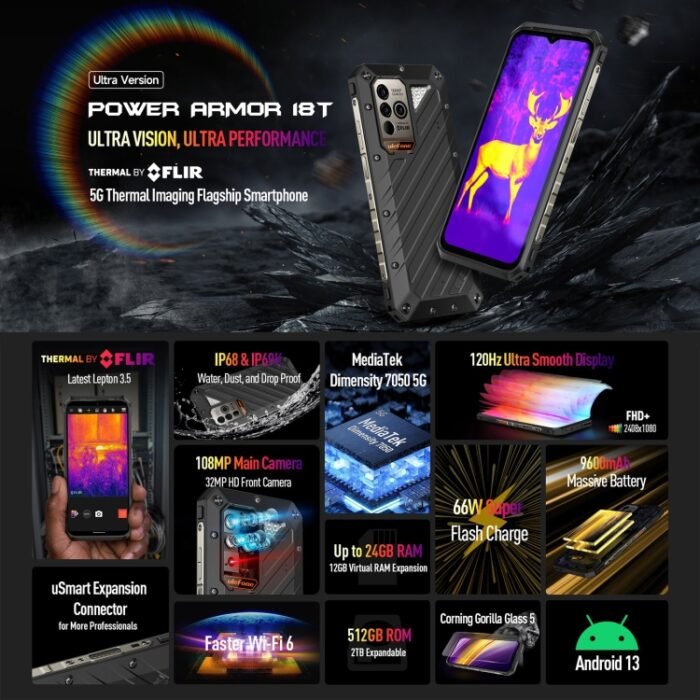 Ulefone Power Armor 18T Ultra Version 5G Thermal Imaging Rugged Phone, Side Fingerprint, 6.58 inch Android 13 MediaTek Dimensity 7050 Octa Core up to 2.6GHz, Network: 5G, NFC, OTG, Power Armor 18T Ultra Version - Image 3