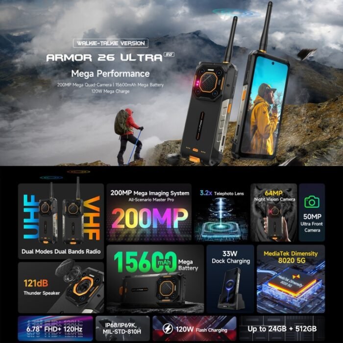 Ulefone Armor 26 Ultra Walkie-Talkie Version Rugged Phone, 6.78 inch Android 13 MediaTek Dimensity 8020 Octa Core, Network: 5G, NFC, 12GB+512GB Walkie-Talkie Version - Image 4