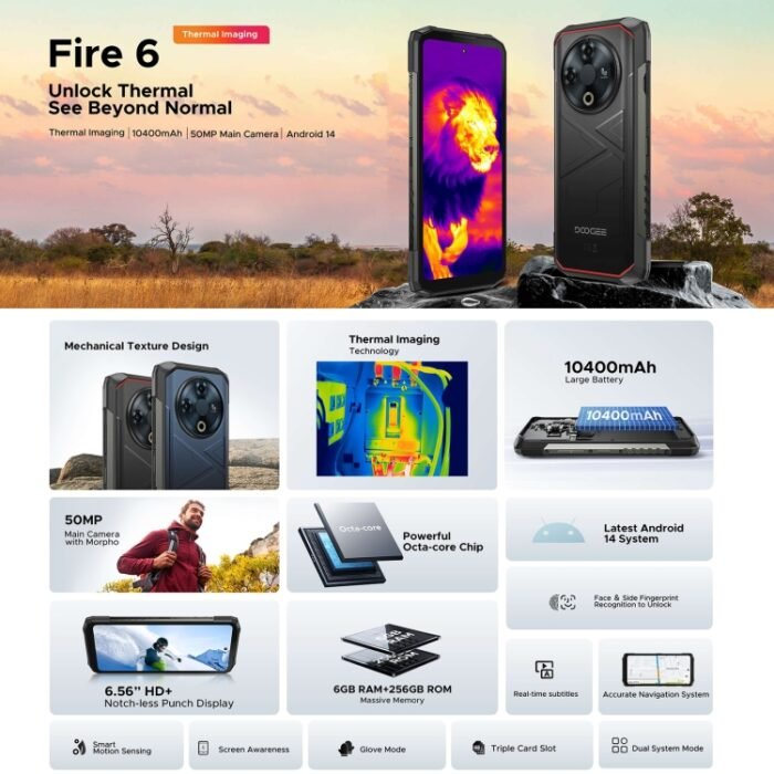 DOOGEE Fire 6 Rugged Phone, 6GB+256GB, 6.56 inch Android 14 Spreadtrum T606 Octa Core, Network: 4G, OTG - Image 2