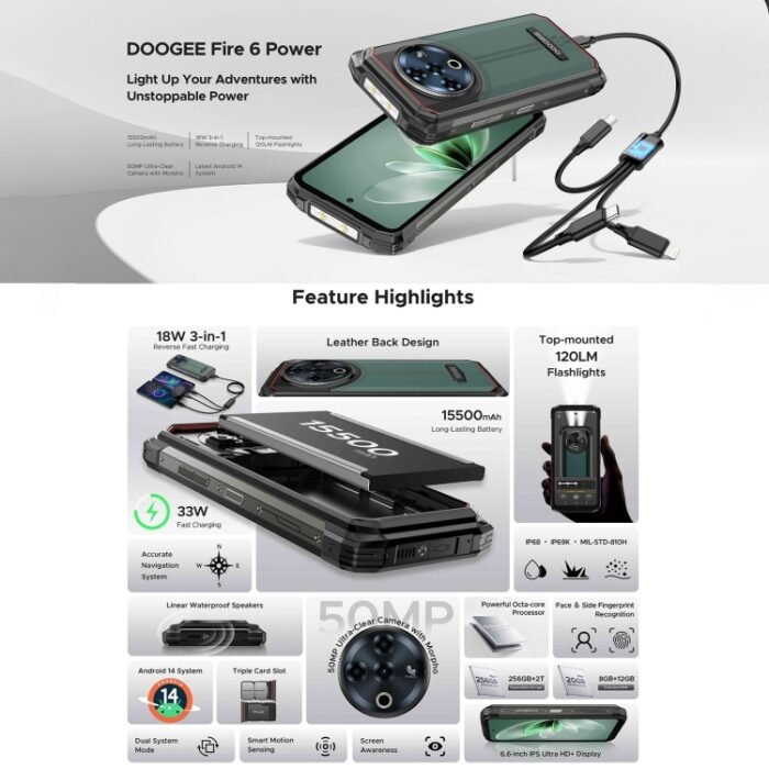 DOOGEE Fire 6 Power Rugged Phone, 8GB+256GB, 6.56 inch Android 14 Spreadtrum T606 Octa Core, Network: 4G, OTG, NFC - Image 2