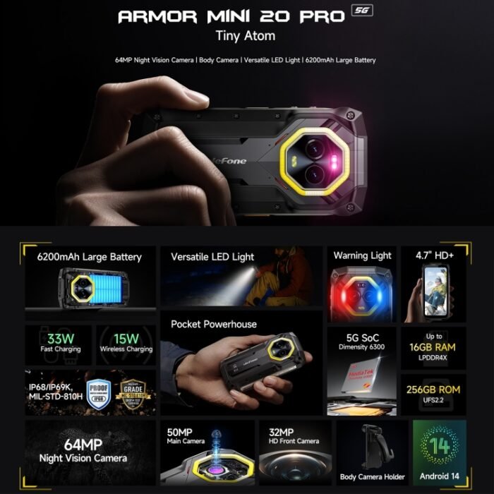 Ulefone Armor Mini 20 Pro, 8GB+256GB, IP68/IP69K Rugged Phone, 4.7 inch Android 14 MediaTek Dimensity 6300 5G Octa Core, Network: 5G, NFC, OTG, Armor Mini 20 Pro - Image 3