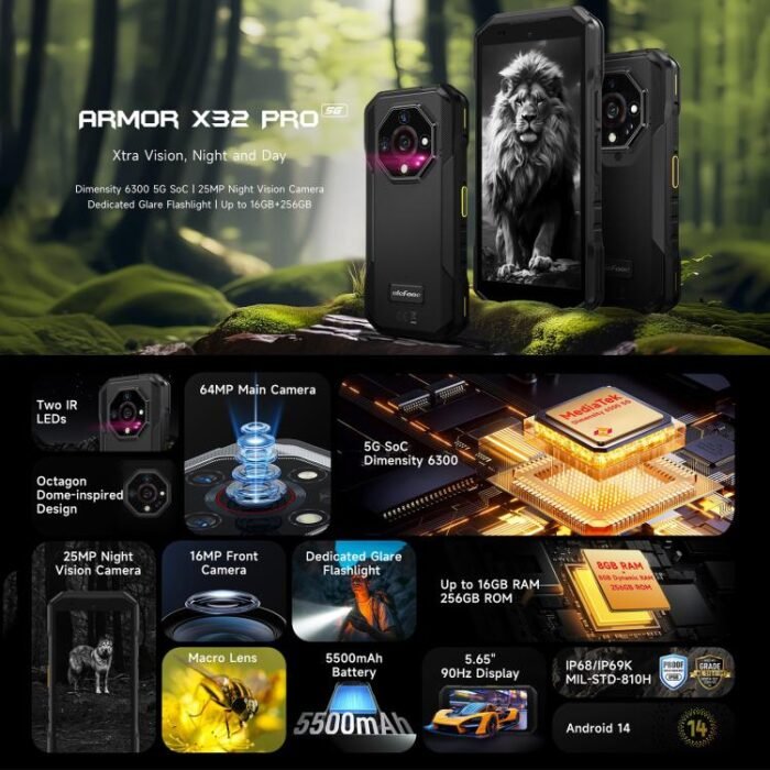 Ulefone Armor X32 Pro 5G, 8GB+256GB, Night Vision, IP68/IP69K Rugged Phone, 5.65 inch Android 14 MediaTek Dimensity 6300 Octa Core, Network: 5G, NFC, OTG, Armor X32 Pro 5G - Image 2